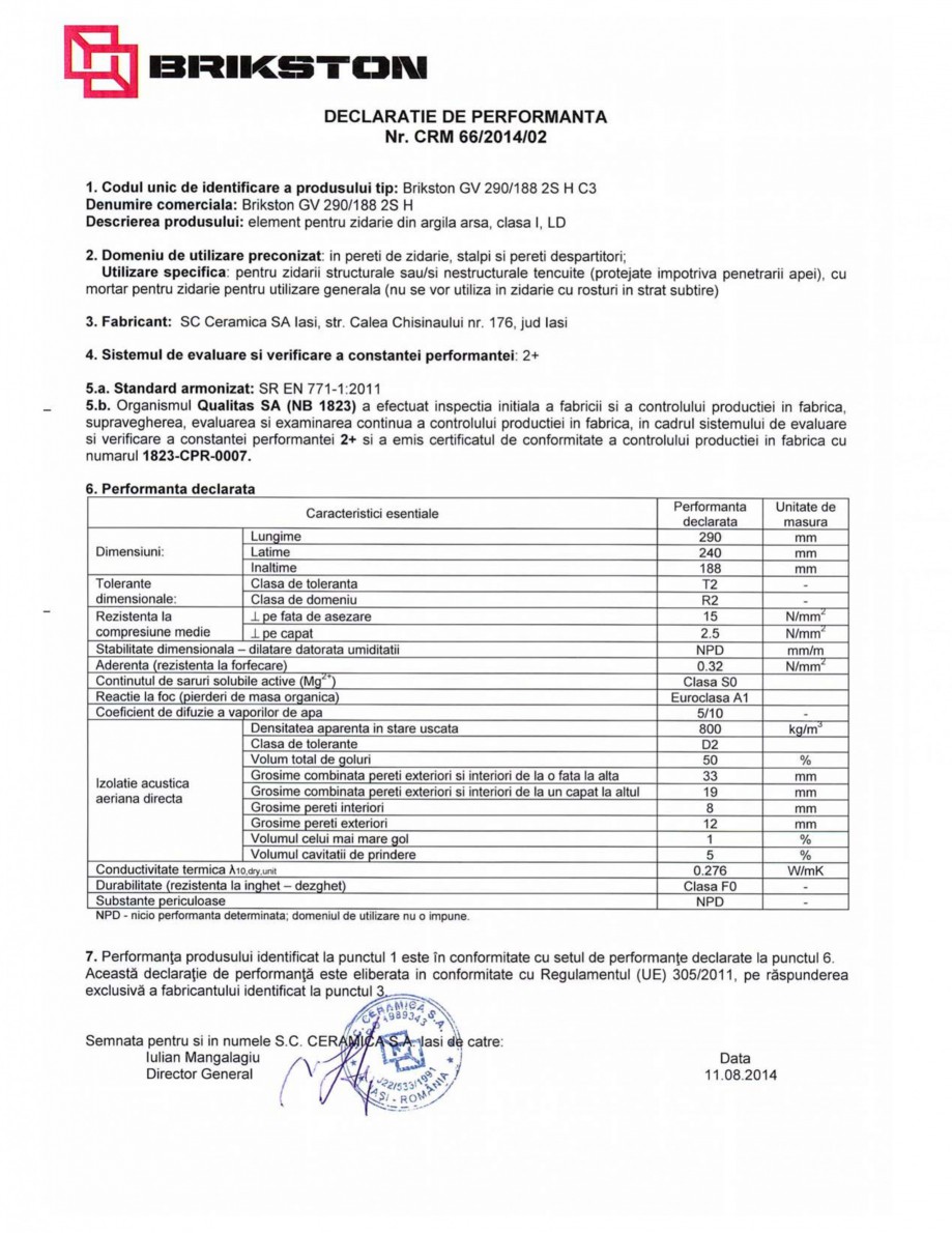 Pagina 1-Declaratie de performanta BRIKSTON GV 290/188 2S H Fisa tehnica Romana 