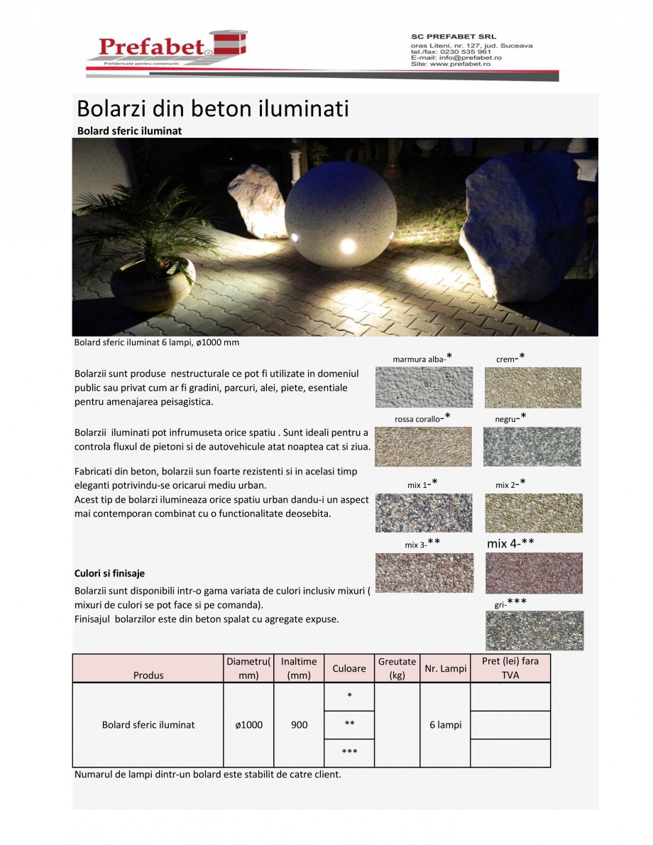 Pagina 1-Bolarzi din beton, iluminati Prefabet Fisa tehnica Romana Bolarzi din beton iluminati
Bolard sferic ...