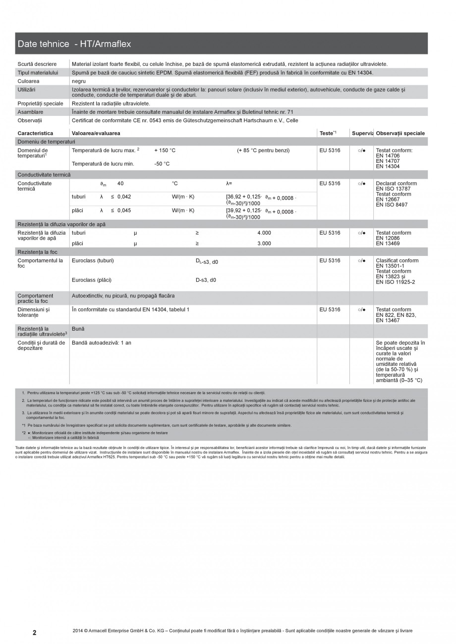 Pagina 2-Izolatie elastomerica flexibila pentru sisteme de incalzire ARMACELL Armaflex HT Fisa tehnica Romana...