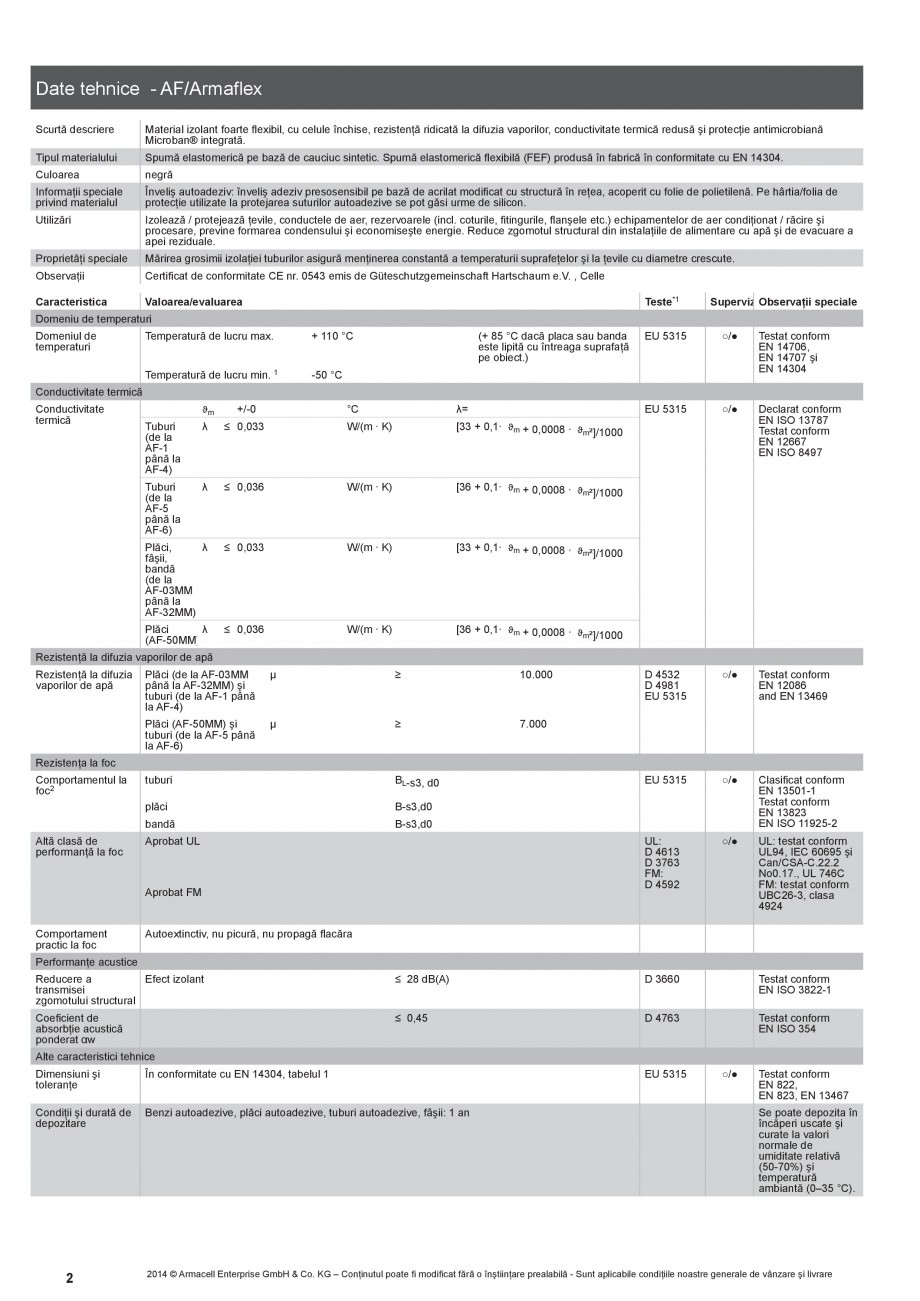Pagina 2-Termoizolatie din cauciuc elastomeric anticondens ARMACELL Armaflex AF Fisa tehnica Romana 
Spumă...