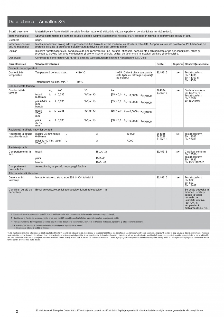 Pagina 2-Izolatie autoadeziva din cauciuc elastomeric ARMACELL Armaflex  XG Fisa tehnica Romana deziv:...