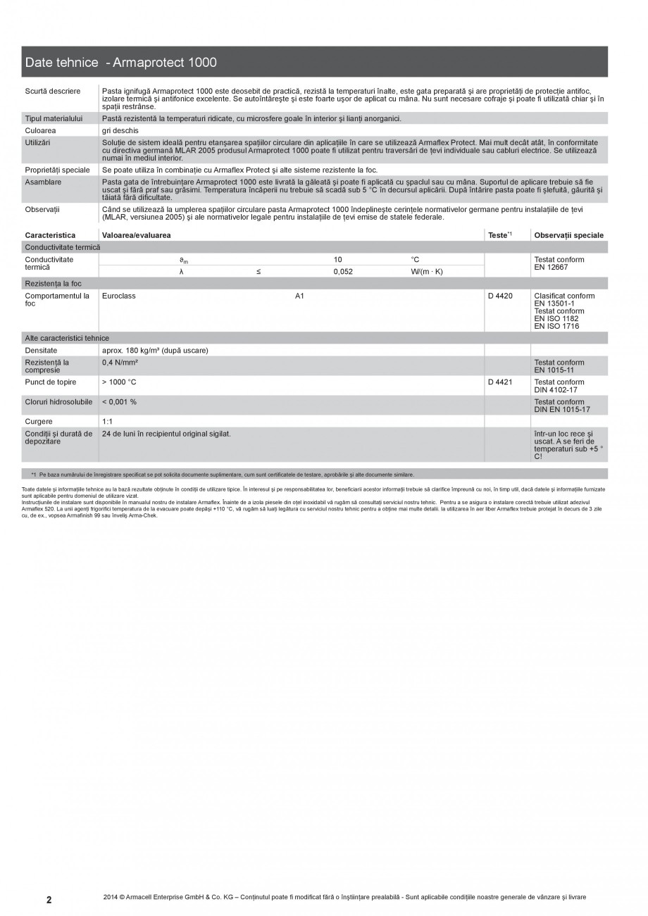 Pagina 2-Pasta ignifuga rezistenta la temperaturi inalte ARMACELL Armaprotect 1000  Fisa tehnica Romana area
...