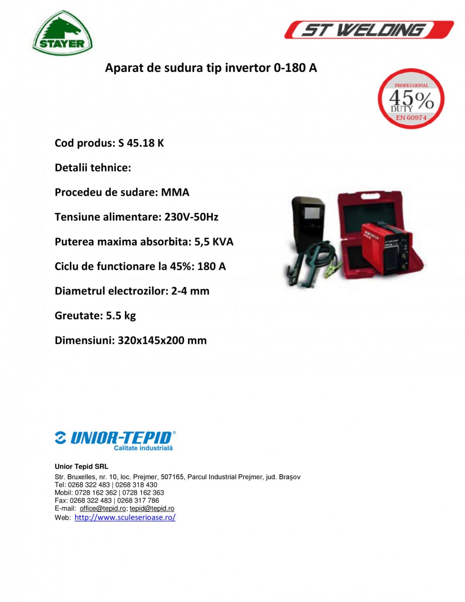 Pagina 1-Aparat de sudura tip invertor STAYER WELDING 0-180 A Fisa tehnica Romana Aparat de sudura tip...