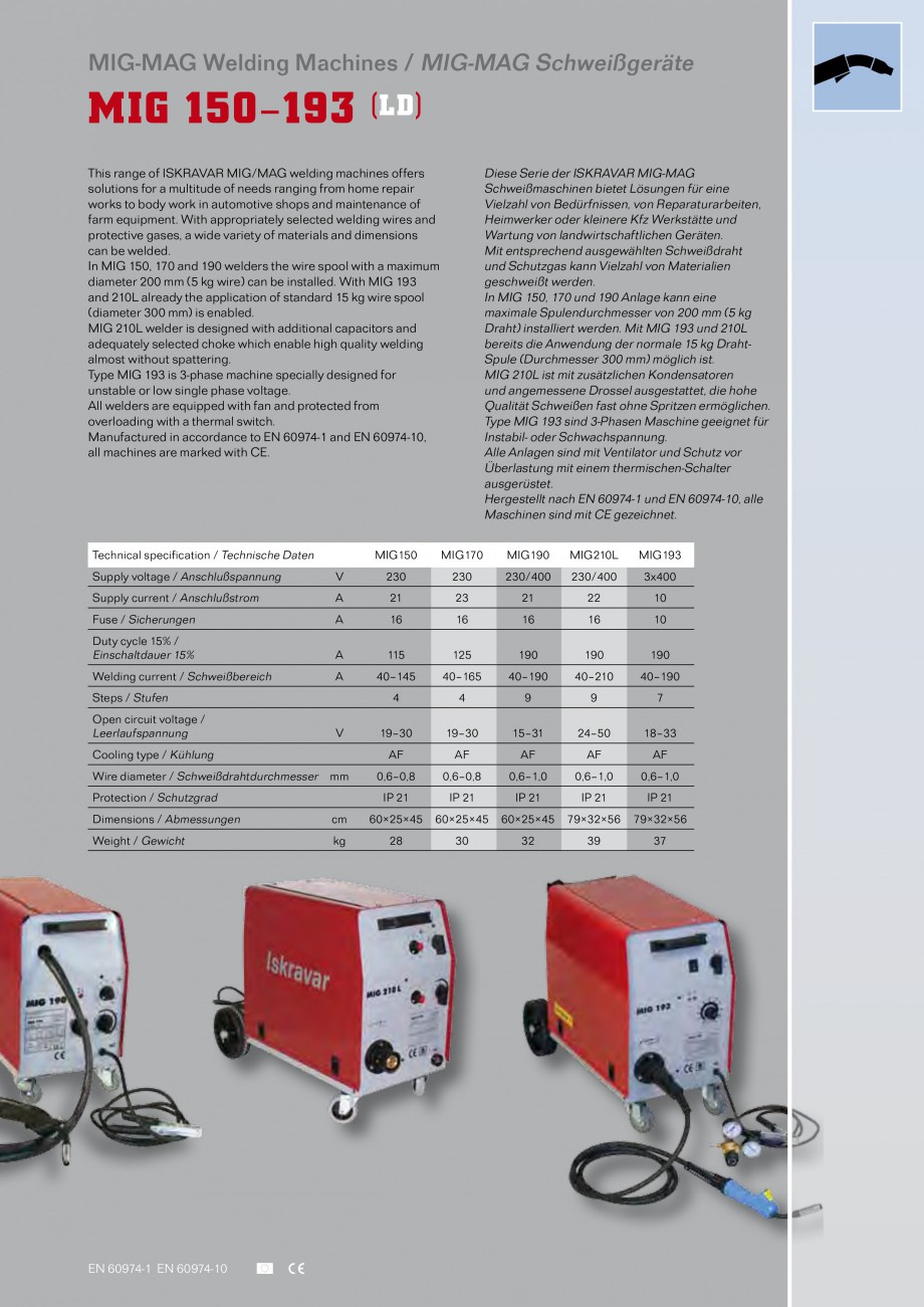 Pagina 1-Aparate de sudura MIG Iskra VARJENJE MIG 150, MIG 170, MIG 210 L Catalog, brosura Engleza, Germana...