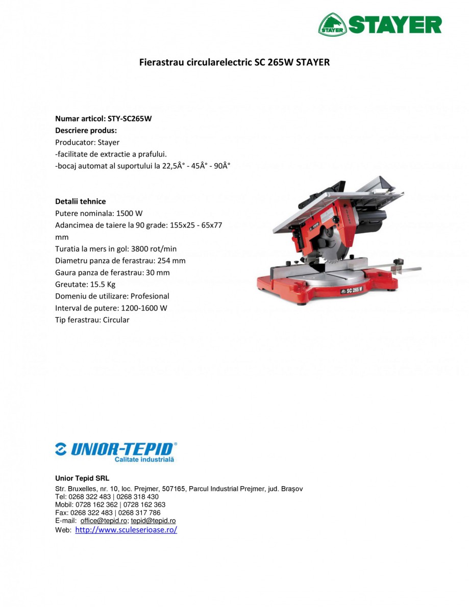 Pagina 1-Fierastrau circular electric STAYER SC 265 W Fisa tehnica Romana Fierastrau circularelectric SC 265W...