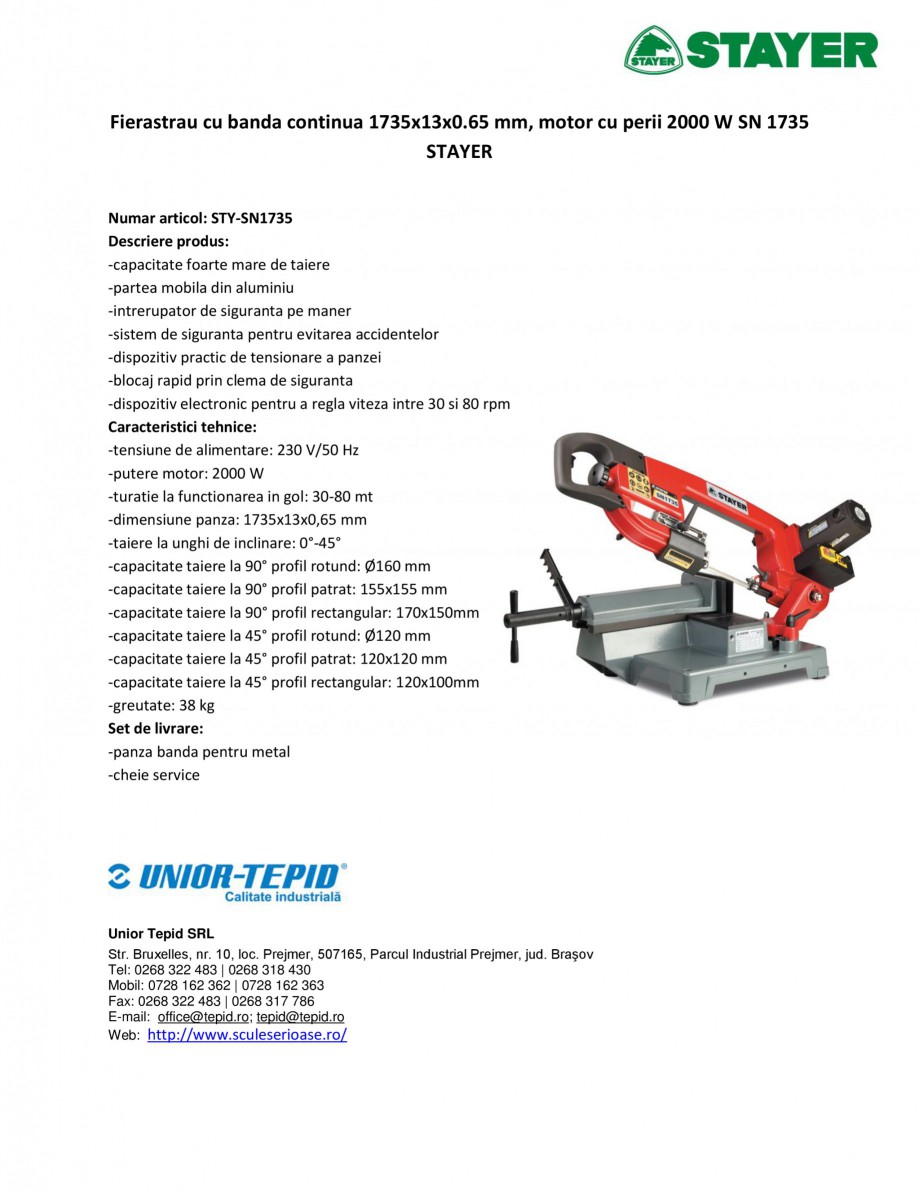 Pagina 1-Fierastrau cu banda continua 1735x13x0.65 mm, motor cu perii 2000 W STAYER SN 1735 Fisa tehnica...