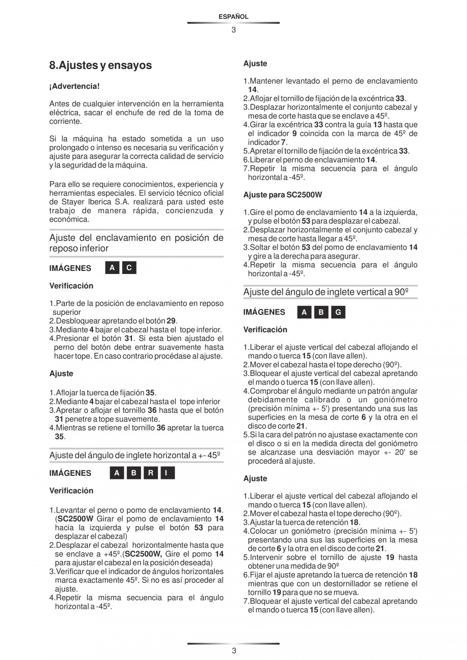 Pagina 14-Fierastraie circulare cu masa - Manual STAYER SC 265 W Instructiuni montaj, utilizare Spaniola,...