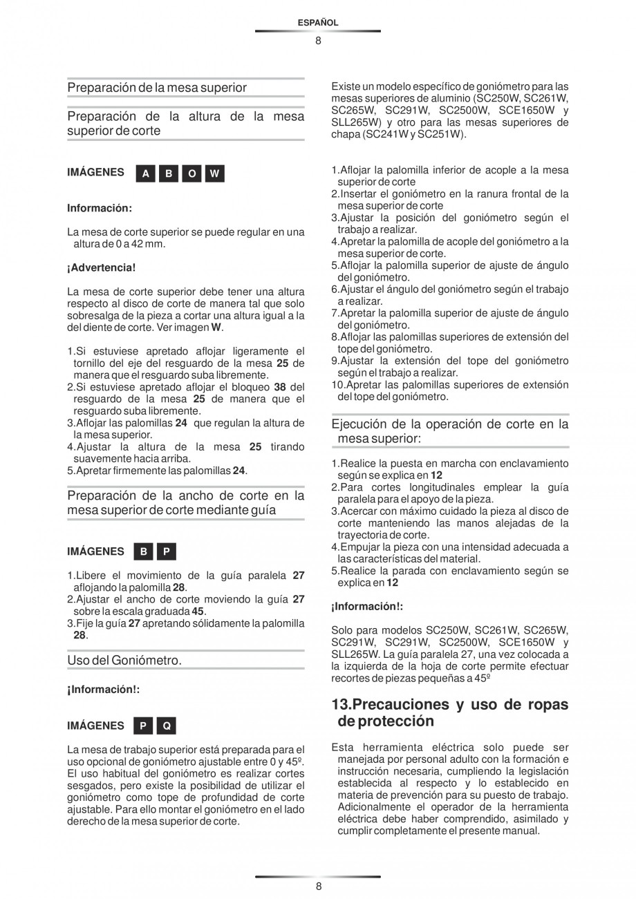 Pagina 19-Fierastraie circulare cu masa - Manual STAYER SC 265 W Instructiuni montaj, utilizare Spaniola,...
