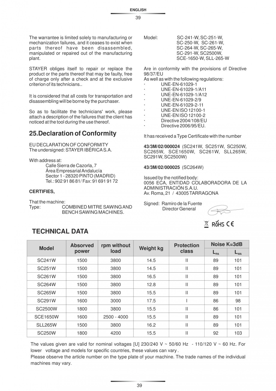 Pagina 50-Fierastraie circulare cu masa - Manual STAYER SC 265 W Instructiuni montaj, utilizare Spaniola,...