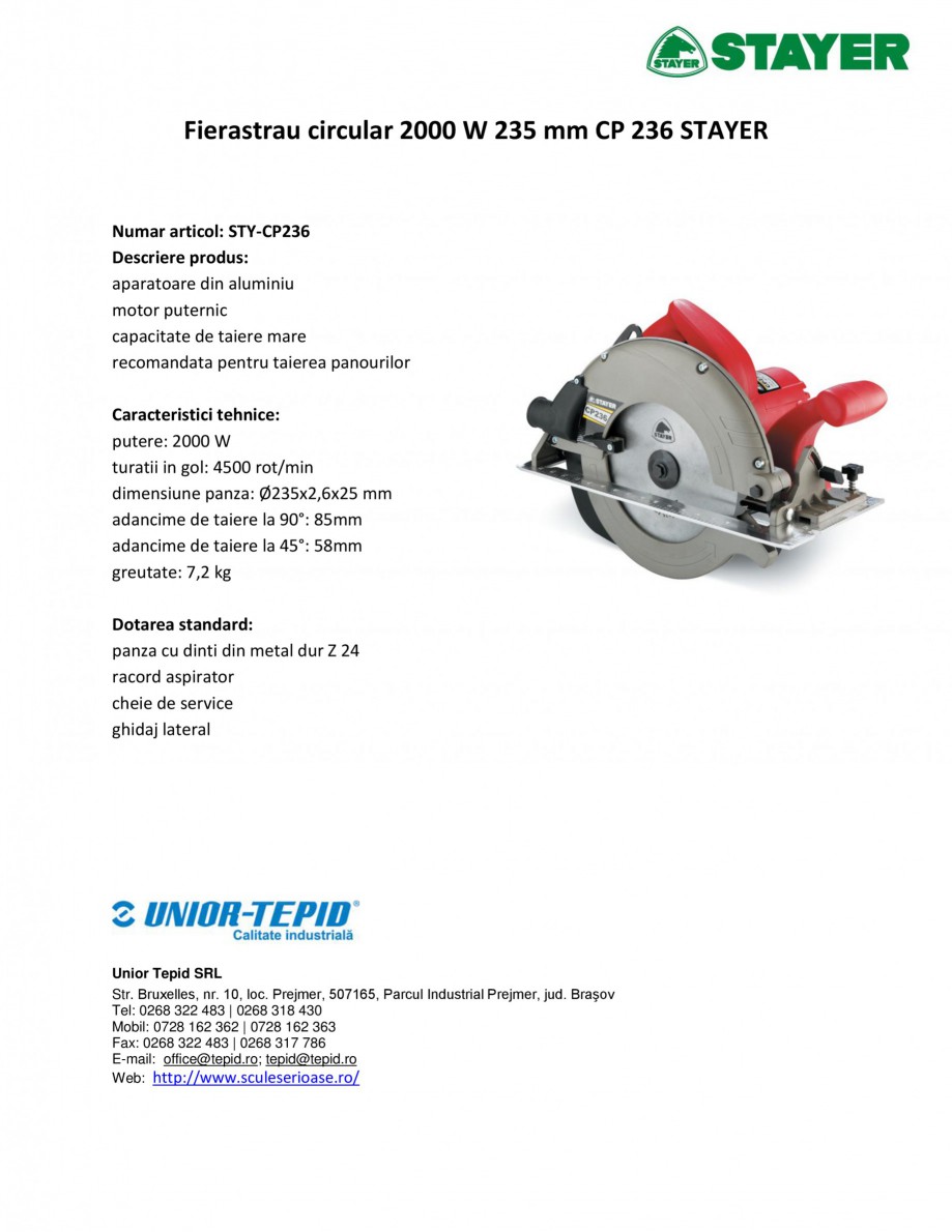 Pagina 1-Fierastrau circular 2000 W 235 mm STAYER CP 236  Fisa tehnica Romana Fierastrau circular 2000 W 235 ...