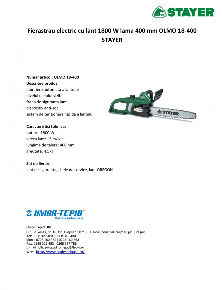 Pagina 1-Fierastrau electric cu lant 1800 W lama 400 mm STAYER OLMO 18-400 Fisa tehnica Romana Fierastrau...