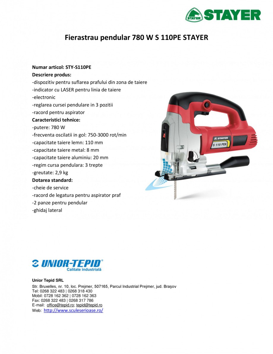 Pagina 1-Fierastrau pendular 780 W STAYER S 110PE Fisa tehnica Romana Fierastrau pendular 780 W S 110PE...