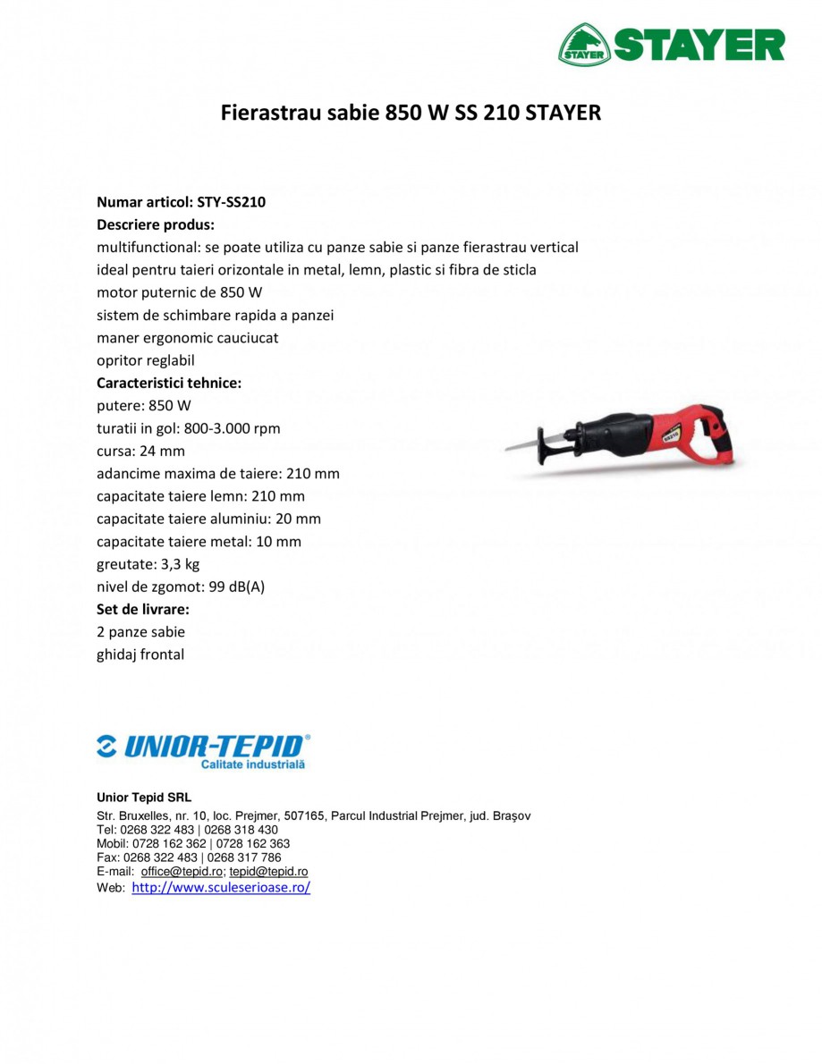 Pagina 1-Fierastrau sabie 850 W STAYER SS 210  Fisa tehnica Romana Fierastrau sabie 850 W SS 210 STAYER
...