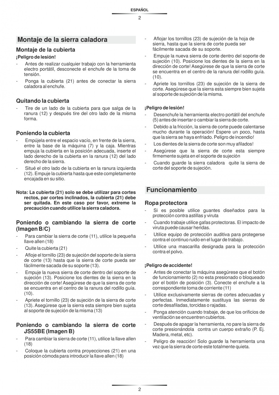 Pagina 7-Fierastraie electrice - Manual utilizare STAYER S 110PE, JS 80 PE Instructiuni montaj, utilizare...