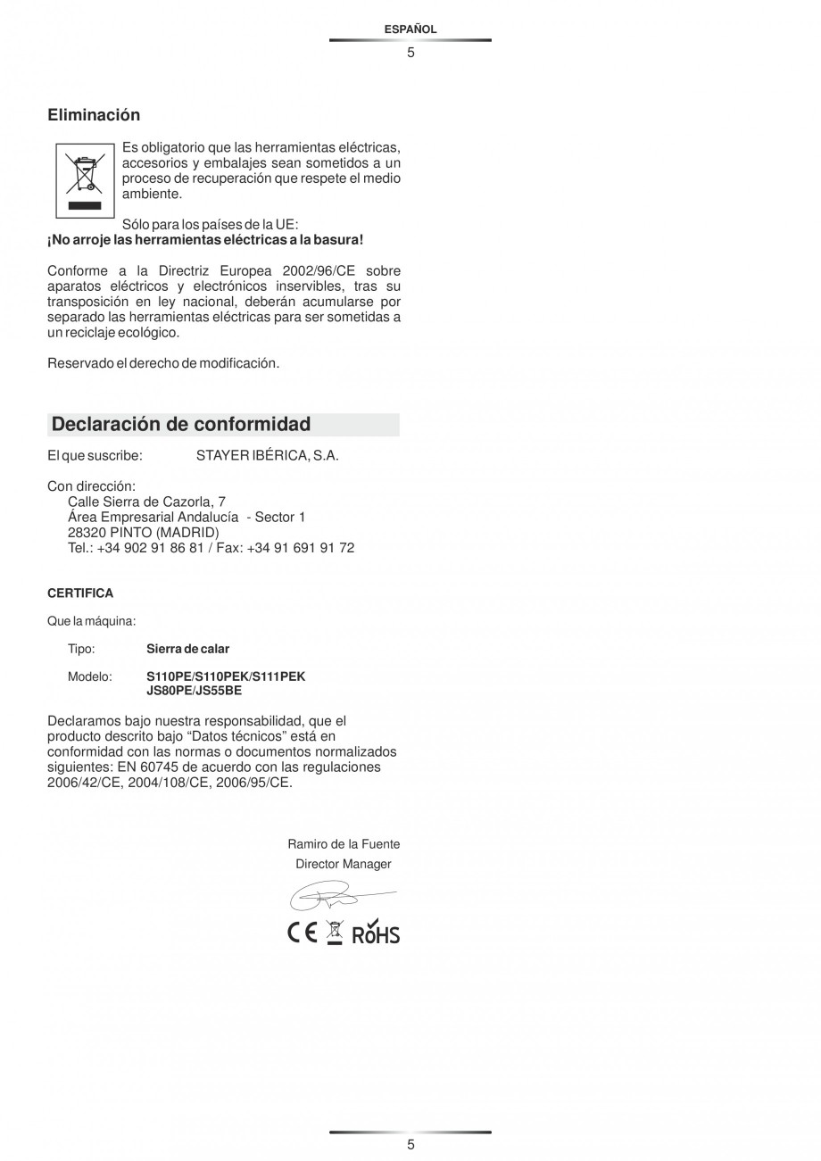 Pagina 10-Fierastraie electrice - Manual utilizare STAYER S 110PE, JS 80 PE Instructiuni montaj, utilizare...