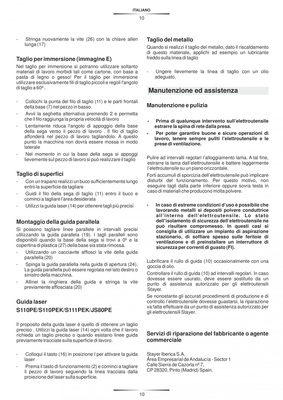 Pagina 15-Fierastraie electrice - Manual utilizare STAYER S 110PE, JS 80 PE Instructiuni montaj, utilizare...