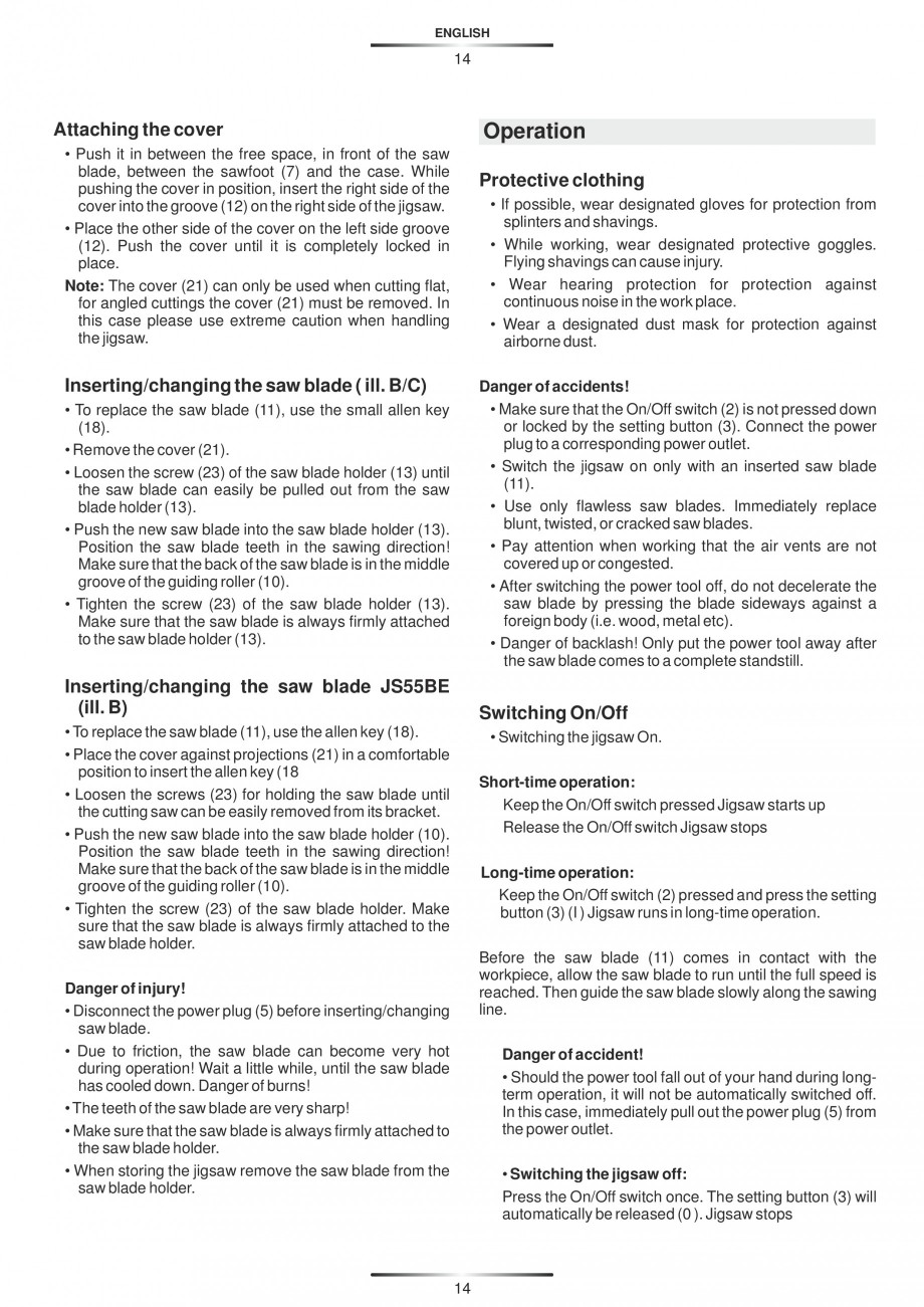 Pagina 19-Fierastraie electrice - Manual utilizare STAYER S 110PE, JS 80 PE Instructiuni montaj, utilizare...