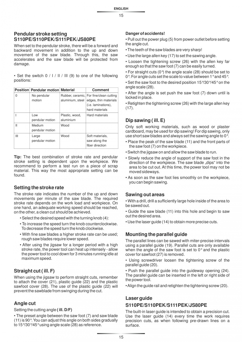 Pagina 20-Fierastraie electrice - Manual utilizare STAYER S 110PE, JS 80 PE Instructiuni montaj, utilizare...