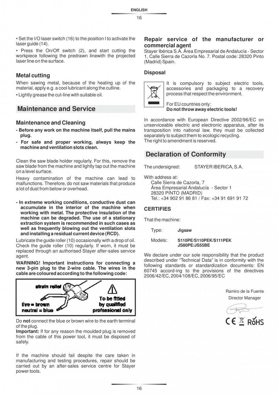Pagina 21-Fierastraie electrice - Manual utilizare STAYER S 110PE, JS 80 PE Instructiuni montaj, utilizare...
