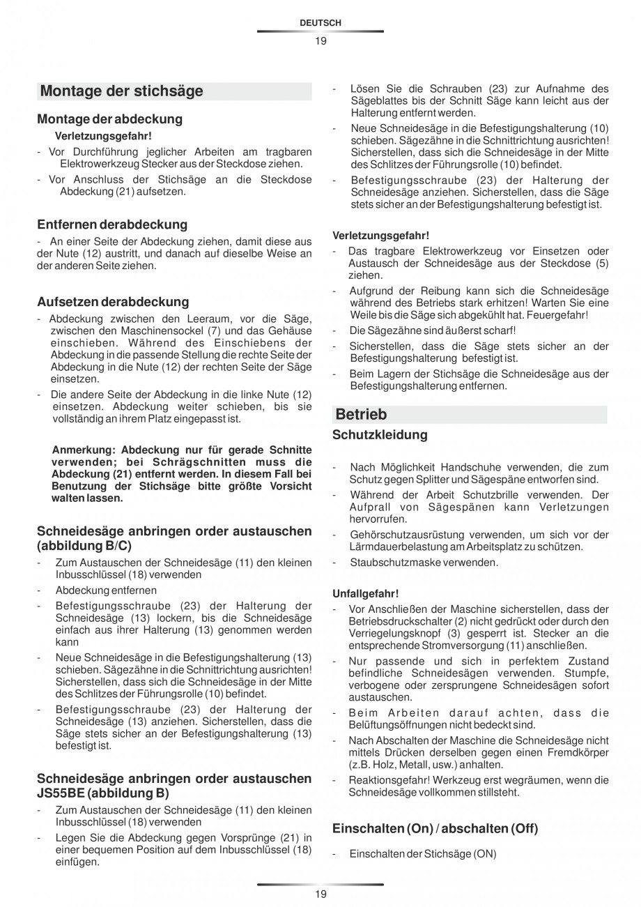 Pagina 24-Fierastraie electrice - Manual utilizare STAYER S 110PE, JS 80 PE Instructiuni montaj, utilizare...