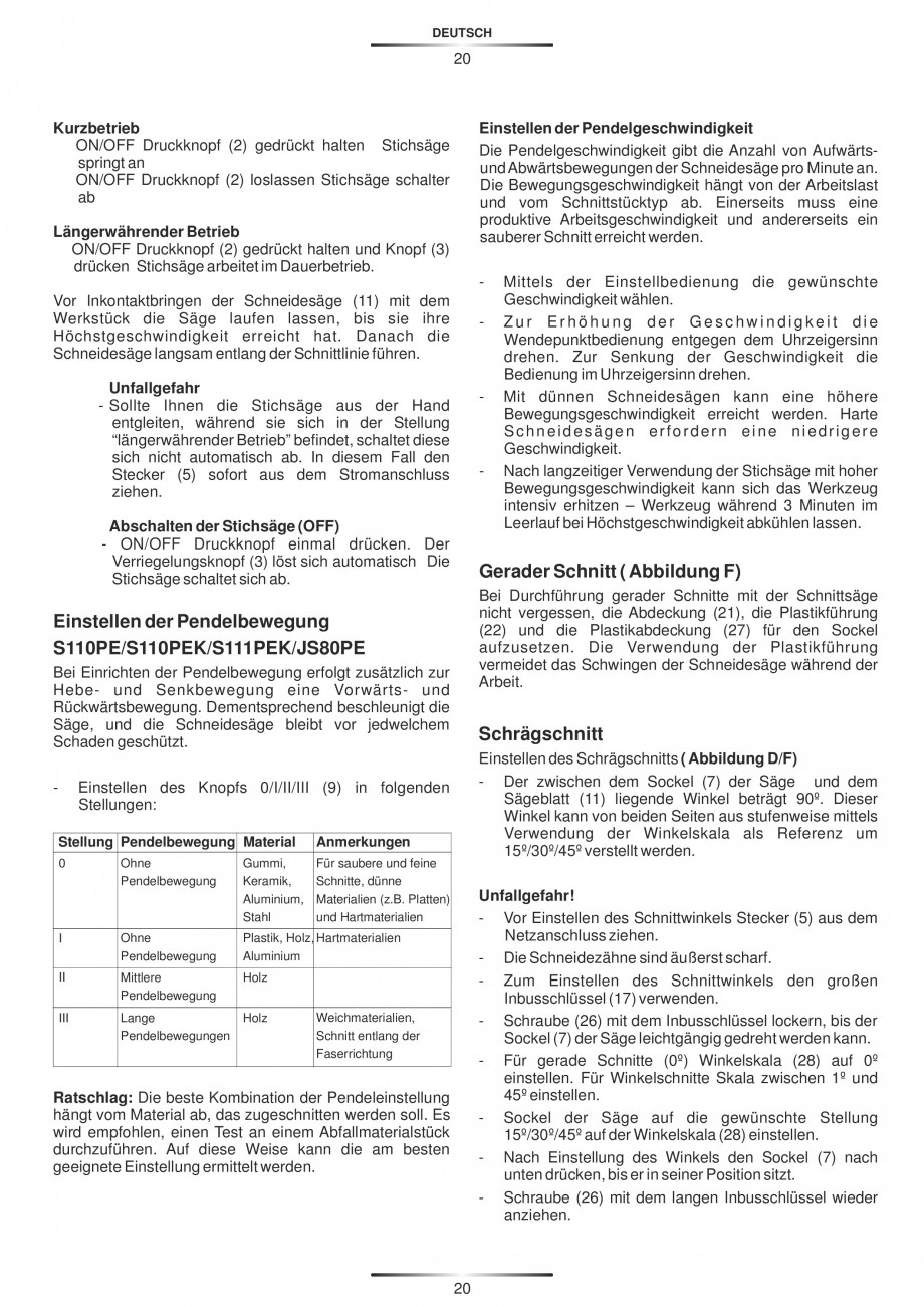 Pagina 25-Fierastraie electrice - Manual utilizare STAYER S 110PE, JS 80 PE Instructiuni montaj, utilizare...