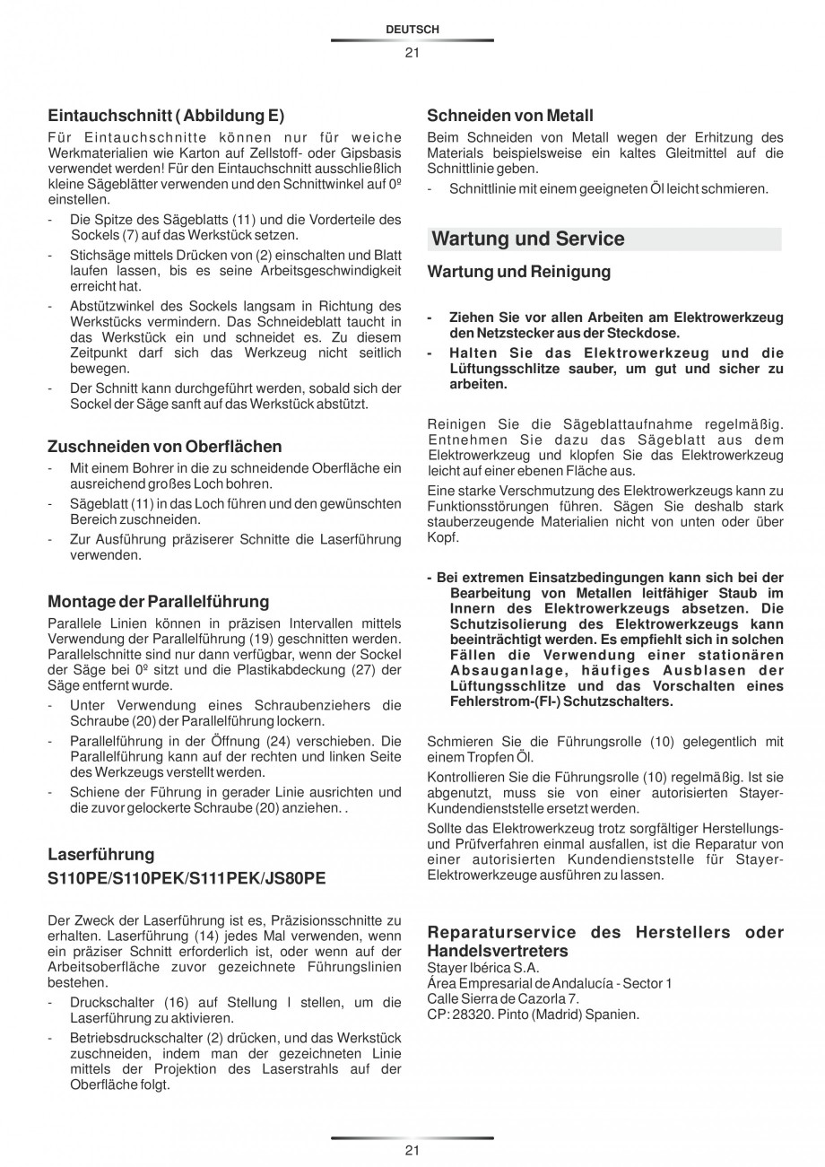 Pagina 26-Fierastraie electrice - Manual utilizare STAYER S 110PE, JS 80 PE Instructiuni montaj, utilizare...