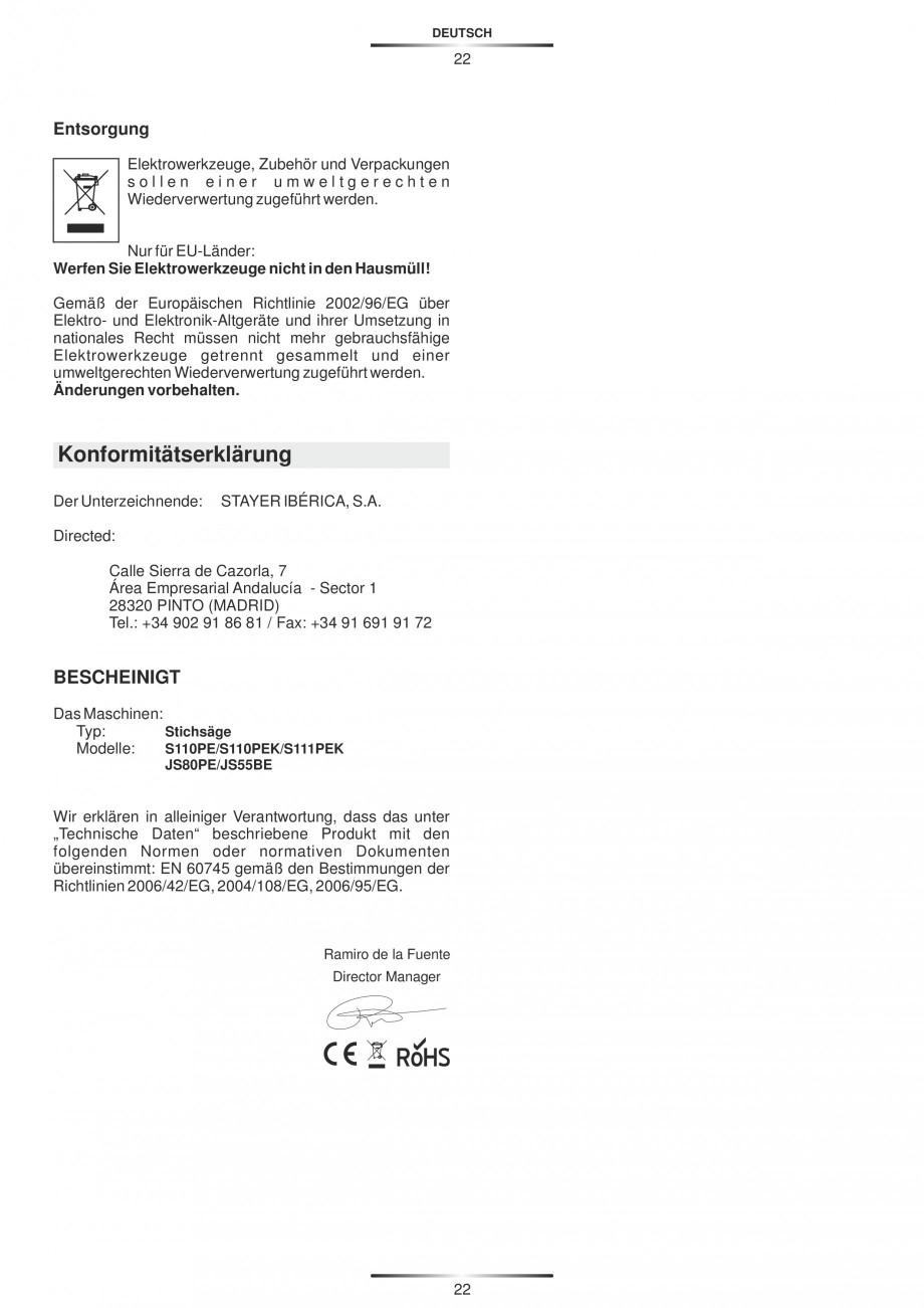 Pagina 27-Fierastraie electrice - Manual utilizare STAYER S 110PE, JS 80 PE Instructiuni montaj, utilizare...