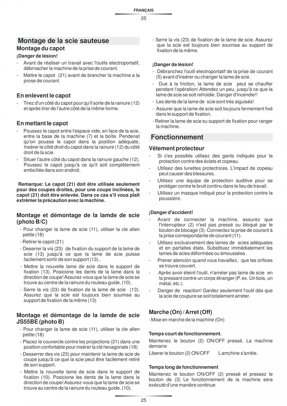 Pagina 30-Fierastraie electrice - Manual utilizare STAYER S 110PE, JS 80 PE Instructiuni montaj, utilizare...