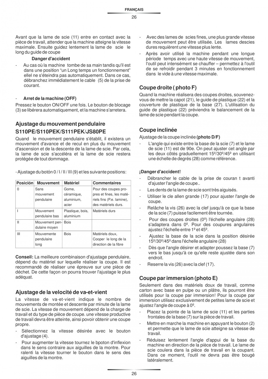 Pagina 31-Fierastraie electrice - Manual utilizare STAYER S 110PE, JS 80 PE Instructiuni montaj, utilizare...