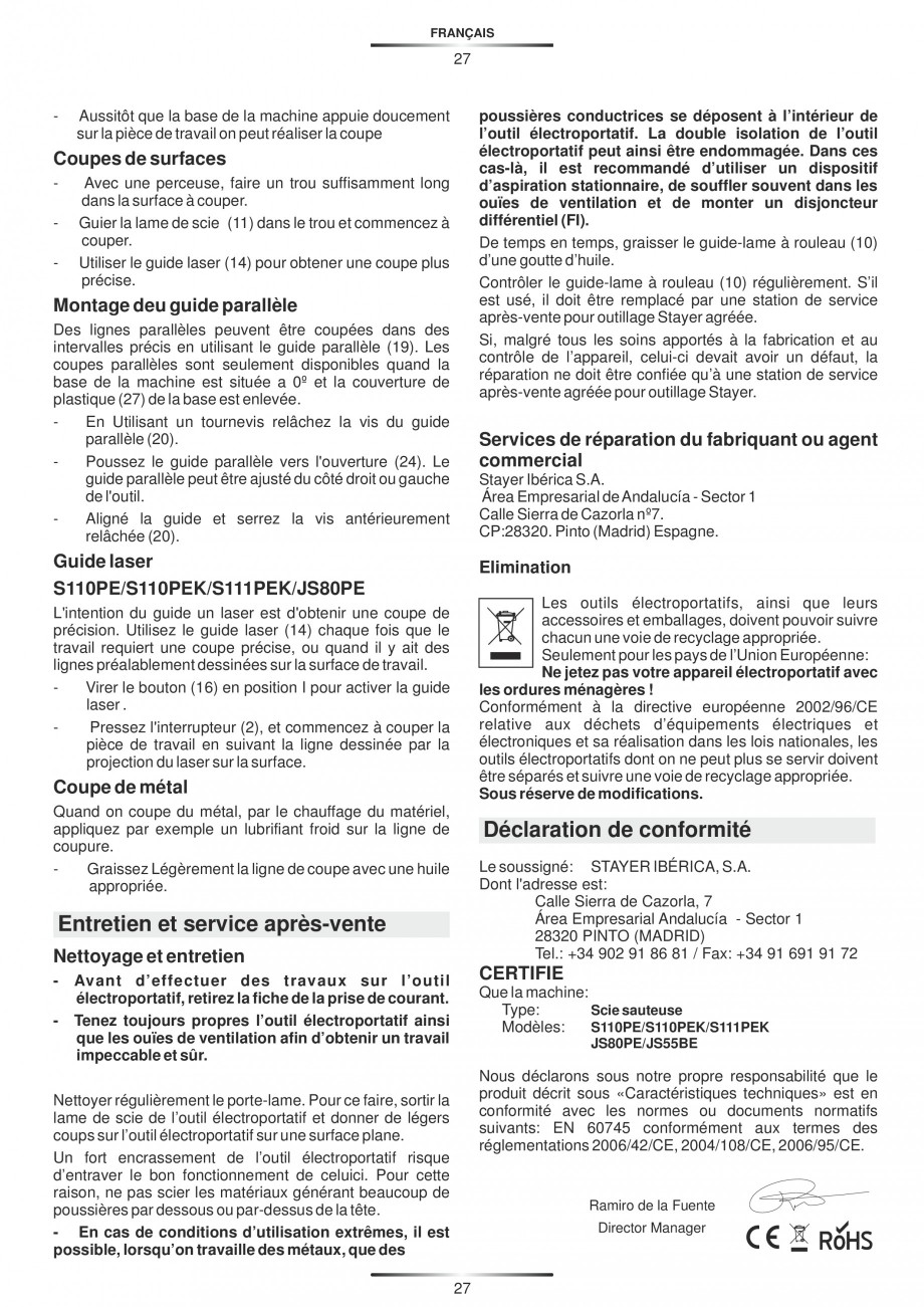 Pagina 32-Fierastraie electrice - Manual utilizare STAYER S 110PE, JS 80 PE Instructiuni montaj, utilizare...