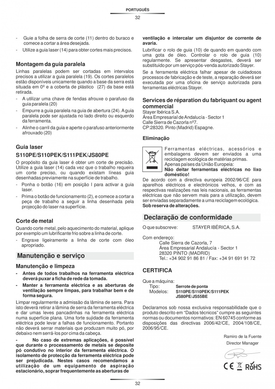 Pagina 37-Fierastraie electrice - Manual utilizare STAYER S 110PE, JS 80 PE Instructiuni montaj, utilizare...