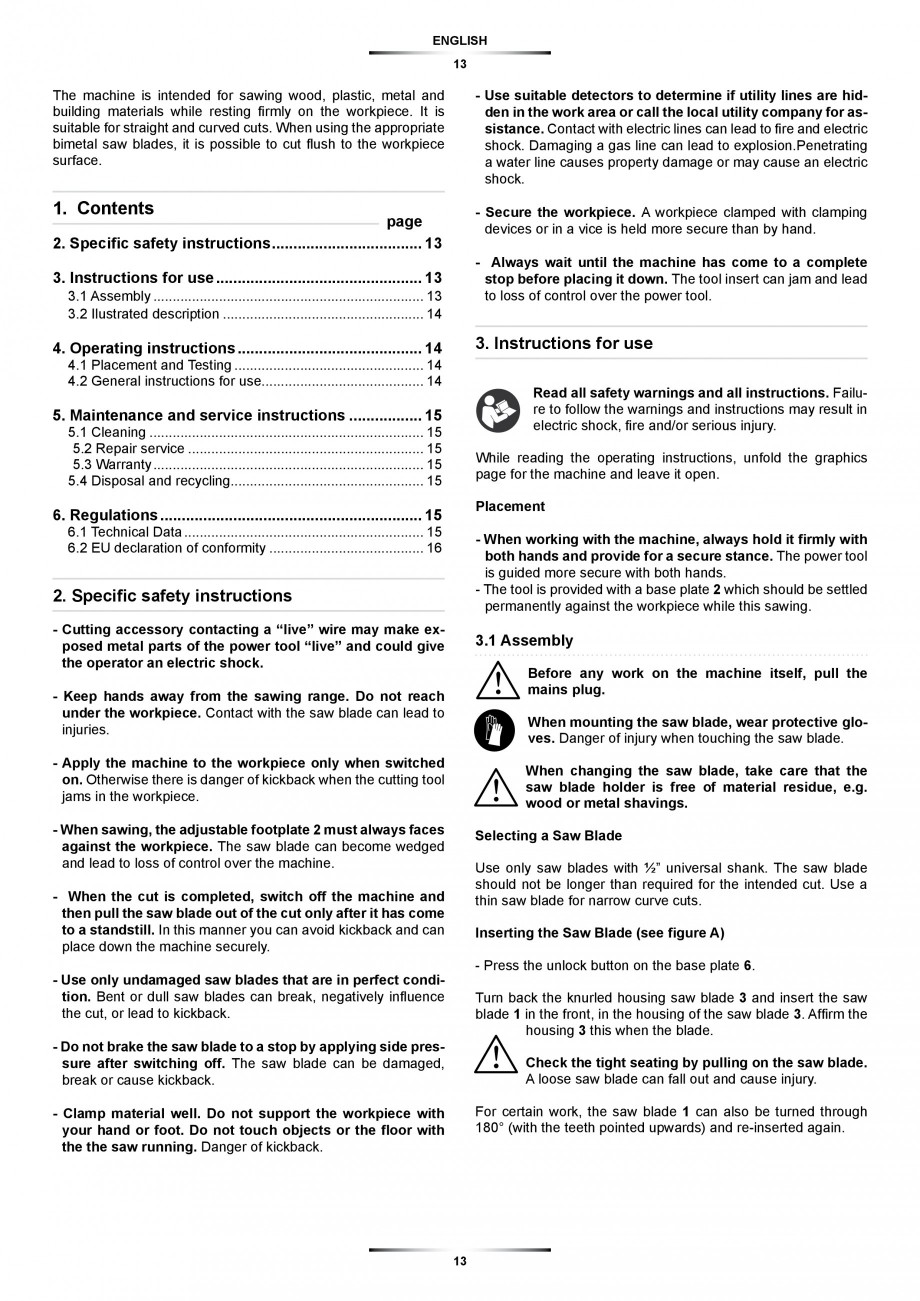 Pagina 13-Fierastrau sabie 850 W - Manual utilizare STAYER SS 210  Instructiuni montaj, utilizare Engleza,...