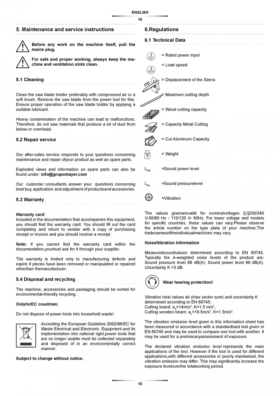 Pagina 15-Fierastrau sabie 850 W - Manual utilizare STAYER SS 210  Instructiuni montaj, utilizare Engleza,...