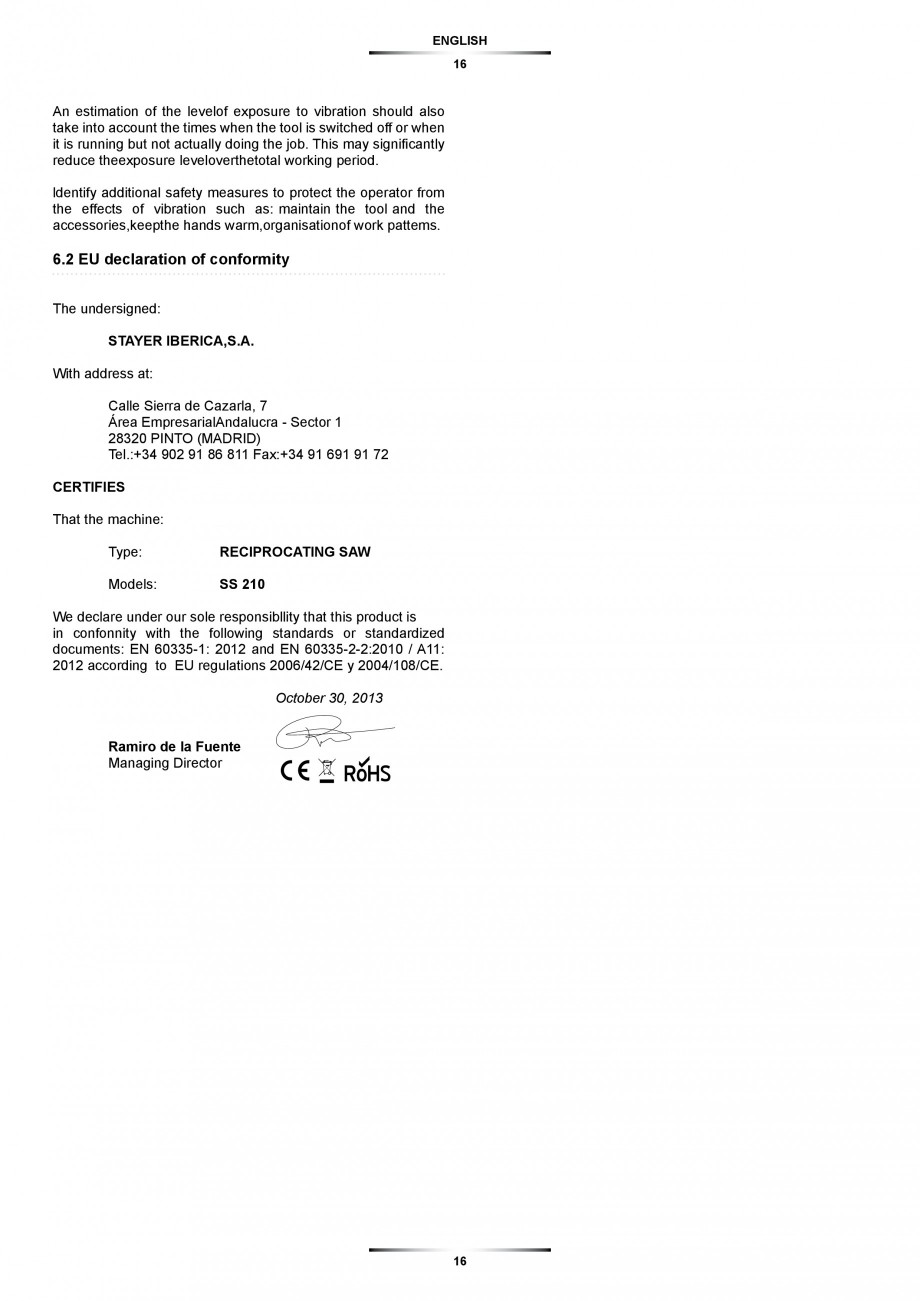 Pagina 16-Fierastrau sabie 850 W - Manual utilizare STAYER SS 210  Instructiuni montaj, utilizare Engleza,...