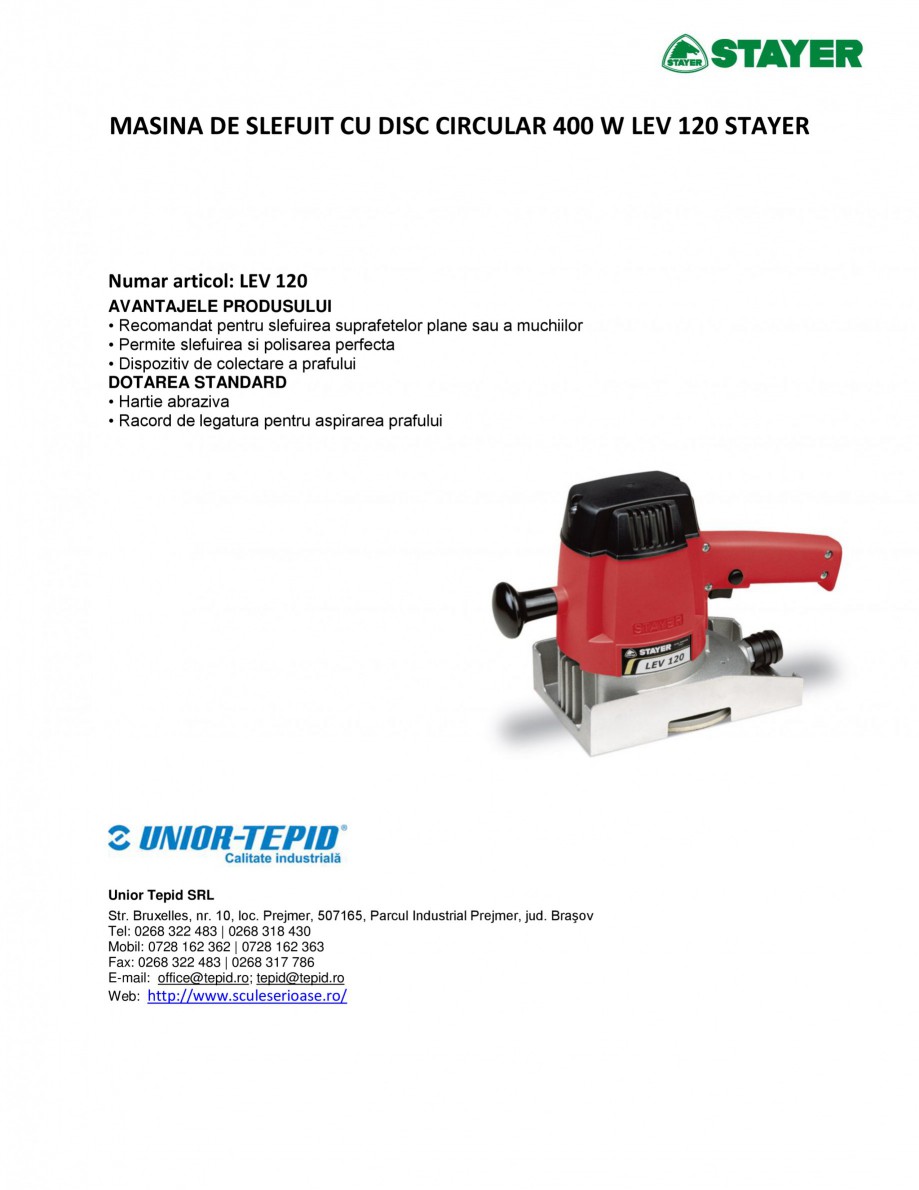 Pagina 1-Masina de slefuit cu disc circular 400 W STAYER LEV 120 Fisa tehnica Romana MASINA DE SLEFUIT CU...