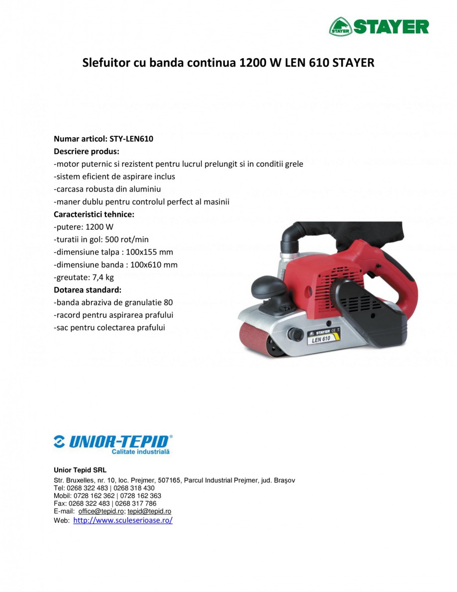 Pagina 1-Slefuitor cu banda continua 1200 W STAYER LEN 610 Fisa tehnica Romana Slefuitor cu banda continua...