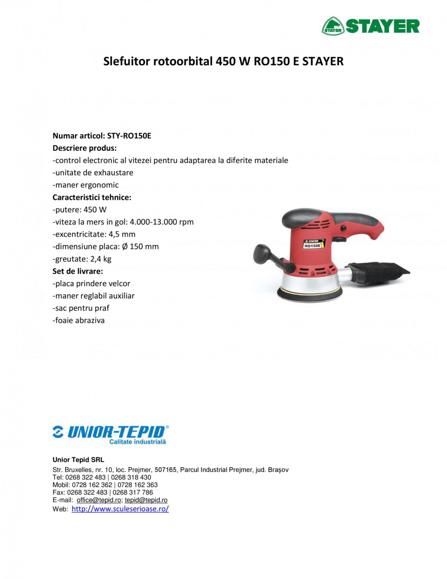 Pagina 1-Slefuitor rotoorbital 450 W STAYER RO 150 E  Fisa tehnica Romana Slefuitor rotoorbital 450 W RO150 E...