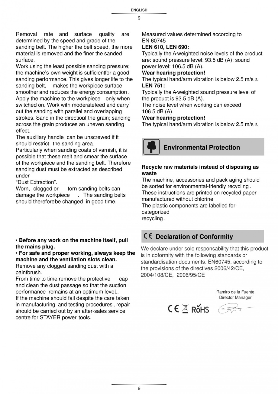 Pagina 13-Slefuitoare cu banda continua 900 W si 1200 W - Manual STAYER LEN 751 E, LEN 610 Instructiuni montaj...