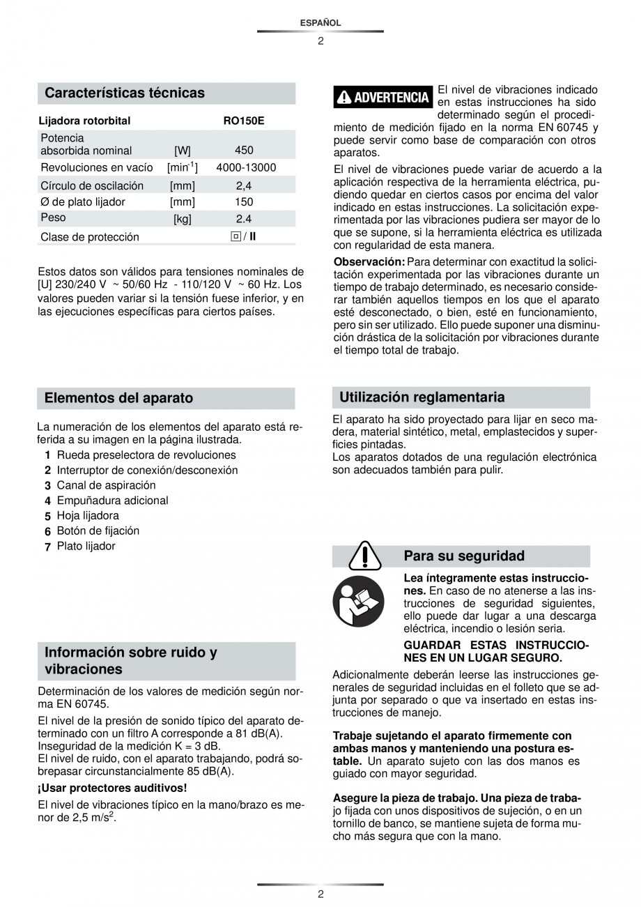 Pagina 3-Slefuitor rotoorbital 450 W - Manual STAYER RO 150 E  Instructiuni montaj, utilizare Engleza,...