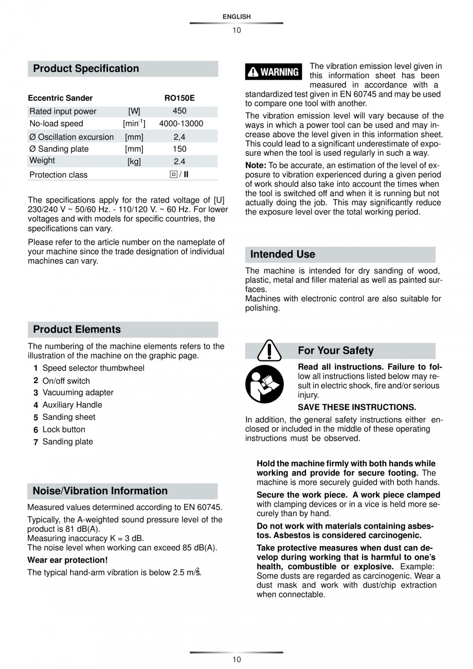 Pagina 11-Slefuitor rotoorbital 450 W - Manual STAYER RO 150 E  Instructiuni montaj, utilizare Engleza,...