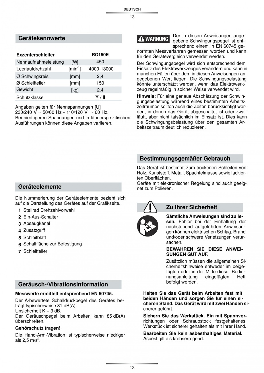 Pagina 14-Slefuitor rotoorbital 450 W - Manual STAYER RO 150 E  Instructiuni montaj, utilizare Engleza,...