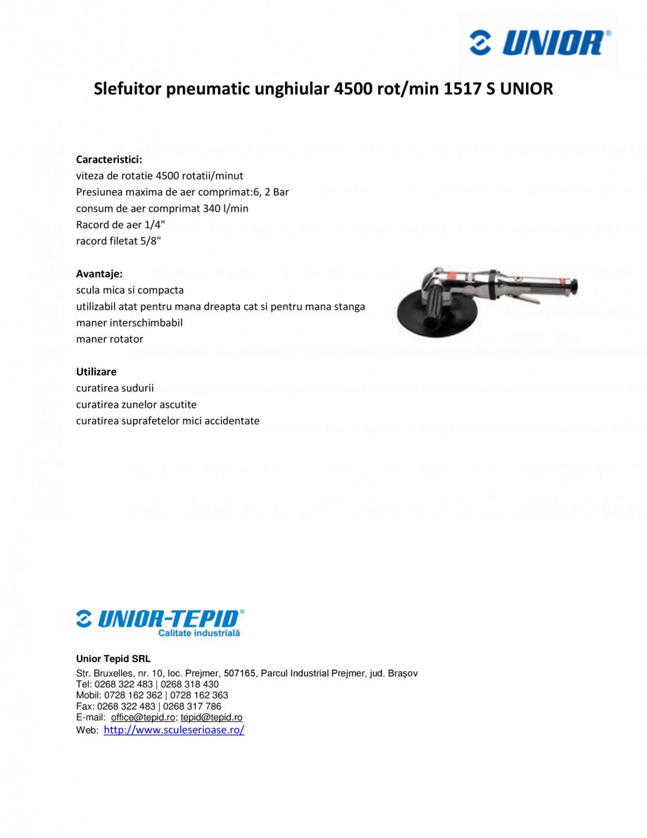 Pagina 1-Slefuitor pneumatic unghiular 4500 rot min  UNIOR 1517 S Fisa tehnica Romana Slefuitor pneumatic...