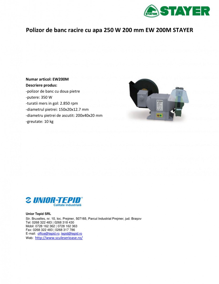 Pagina 1-Polizor de banc racire cu apa 250 W 200 mm STAYER EW 200 M Fisa tehnica Romana Polizor de banc...