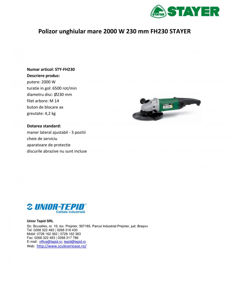 Pagina 1-Polizor unghiular mare 2000 W 230 mm STAYER FH230 Fisa tehnica Romana Polizor unghiular mare 2000 W ...