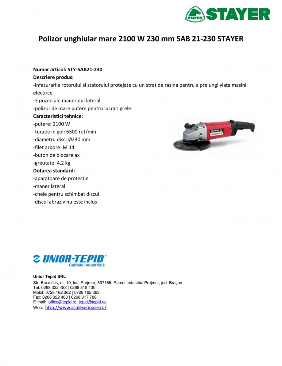 Pagina 1-Polizor unghiular mare 2100 W 230 mm STAYER SAB 21-230 Fisa tehnica Romana Polizor unghiular mare...