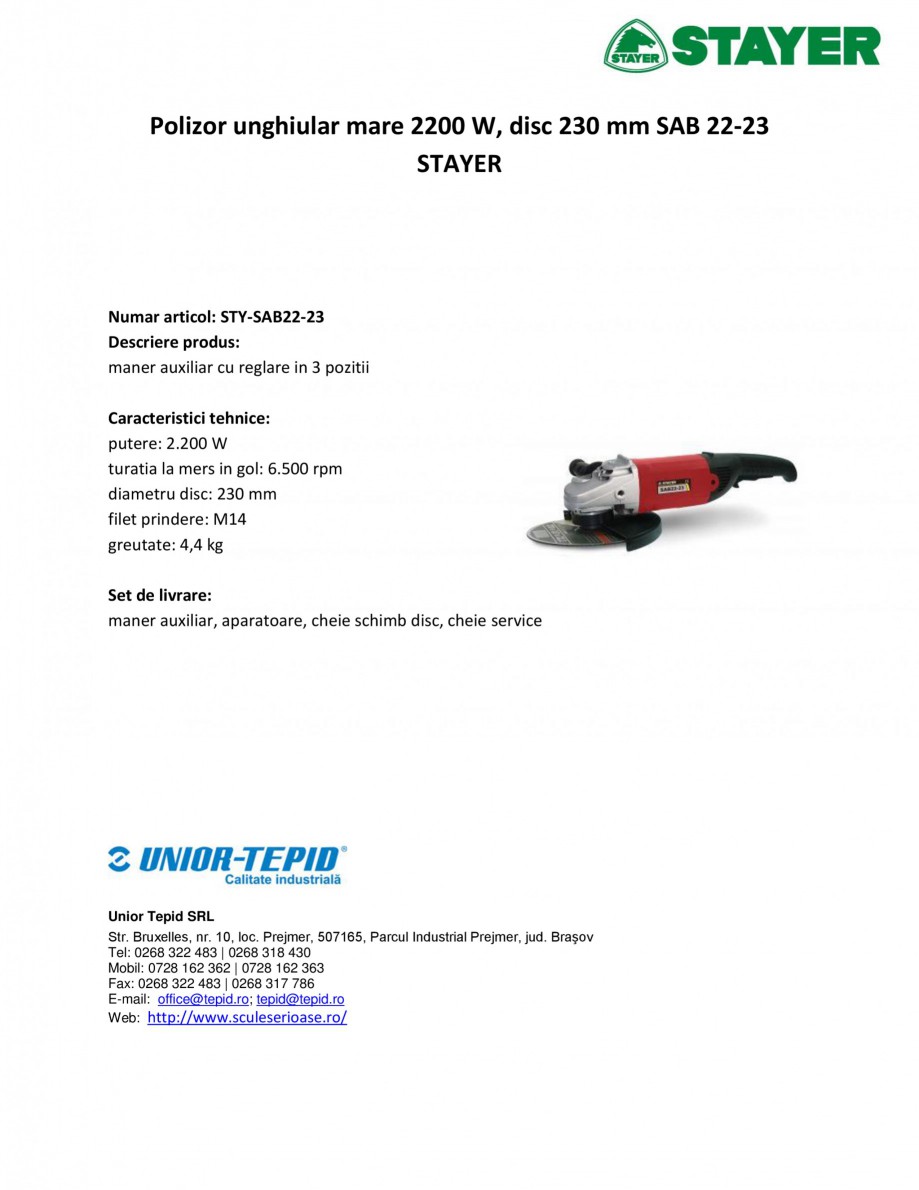 Pagina 1-Polizor unghiular mare 2200 W, disc 230 mm STAYER SAB 22-23 Fisa tehnica Romana Polizor unghiular...