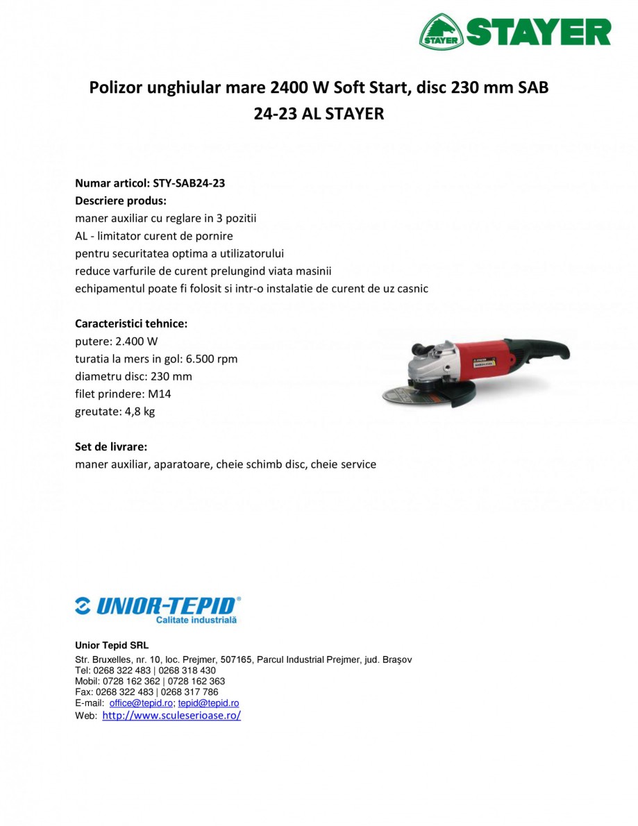 Pagina 1-Polizor unghiular mare 2400 W Soft Start, disc 230 mm STAYER SAB 24-23 AL Fisa tehnica Romana...