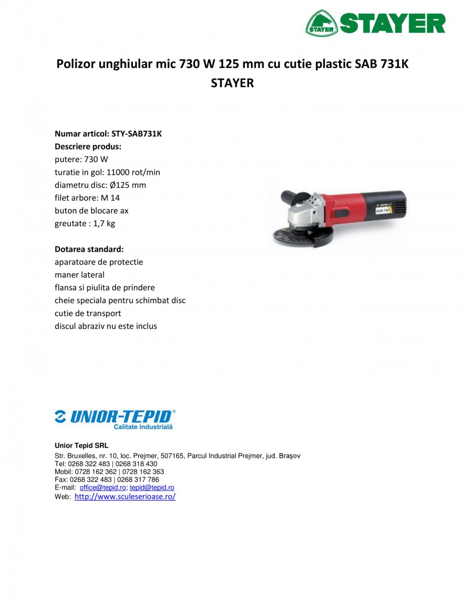 Pagina 1-Polizor unghiular mic 730 W 125 mm cu cutie plastic STAYER SAB 731K Fisa tehnica Romana Polizor...