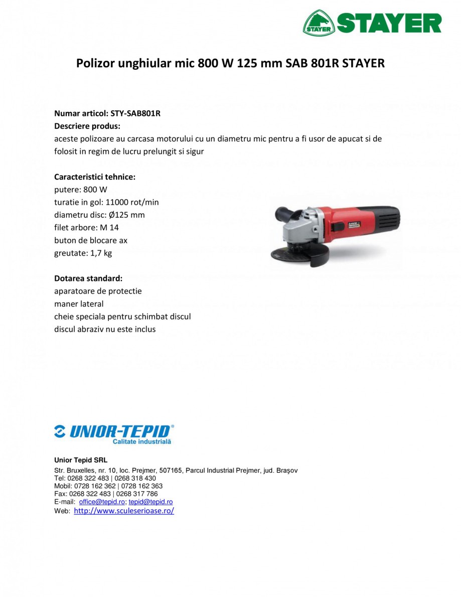 Pagina 1-Polizor unghiular mic 800 W 125 mm STAYER SAB 801R Fisa tehnica Romana Polizor unghiular mic 800 W...