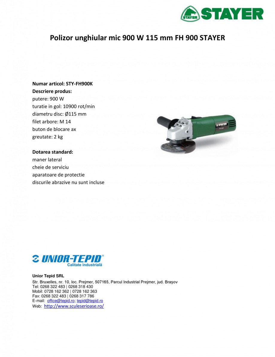 Pagina 1-Polizor unghiular mic 900 W 115 mm STAYER FH 900 Fisa tehnica Romana Polizor unghiular mic 900 W 115...
